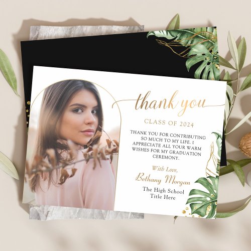 Tropical Black Gold Arch Photo Graduation Thank You Card