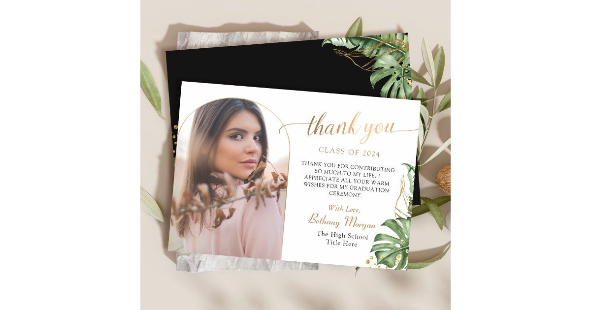 Tropical Black Gold Arch Photo Graduation Thank You Card | Zazzle