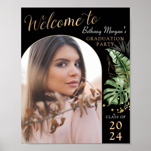 Tropical Black Gold Arch Photo Graduation Welcome  Poster