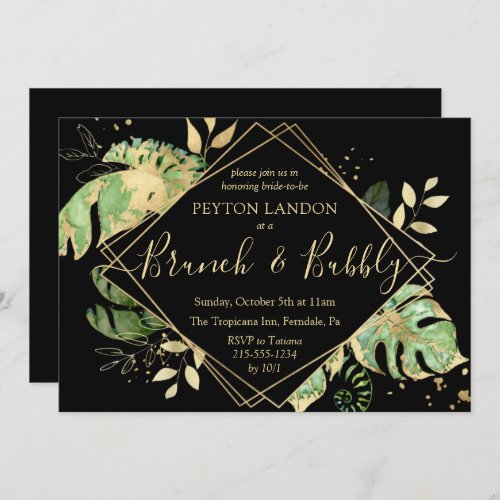 Tropical Black  Gold Brunch Bubbly Bridal Shower  Invitation