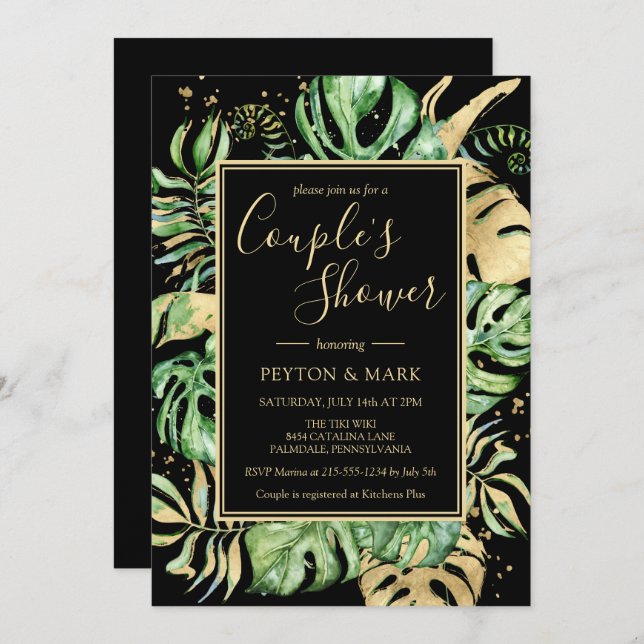 Tropical Black & Gold Couple's Wedding Shower Invitation (Front/Back)