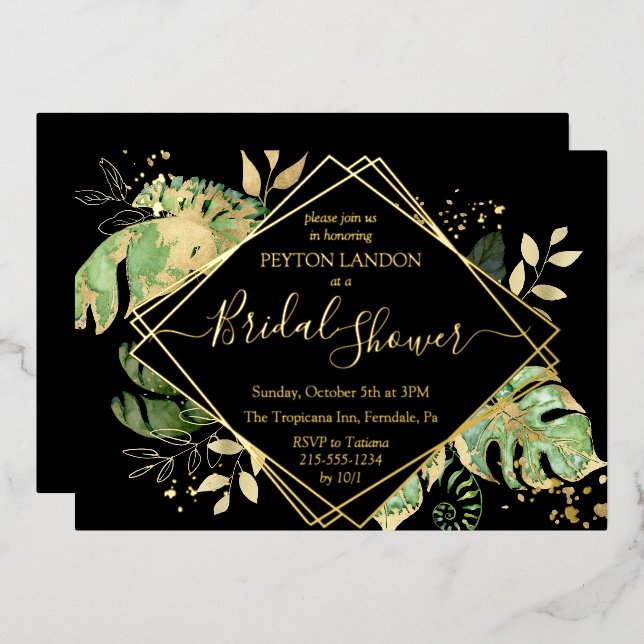 Tropical Black & Gold Elegant Bridal Shower Foil Invitation (Front/Back)
