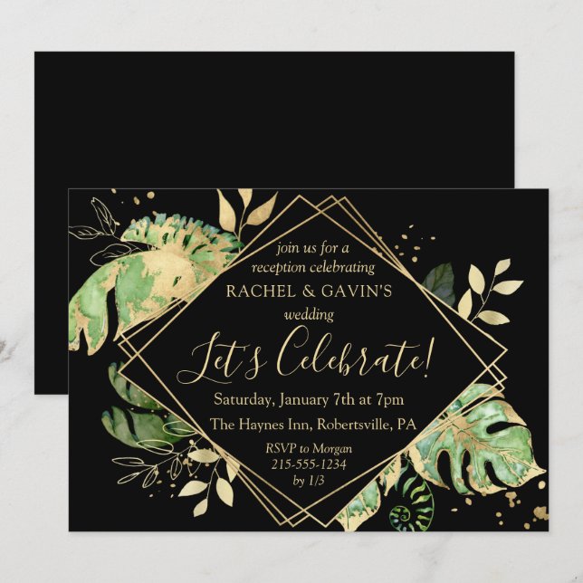Tropical Black & Gold Elopement Wedding Reception  Invitation (Front/Back)