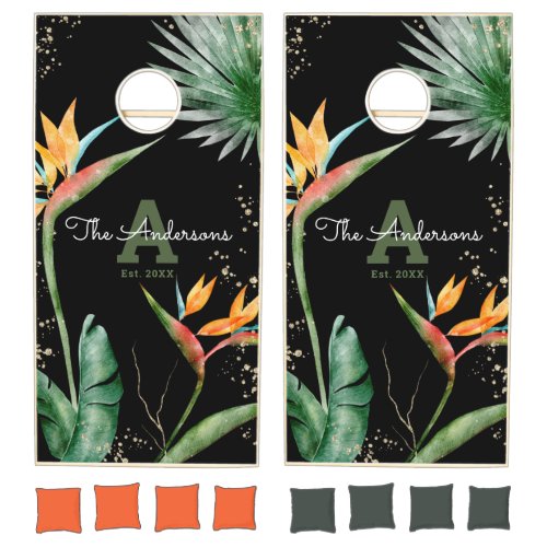 Tropical Black Gold Island Floral Monogram Script Cornhole Set