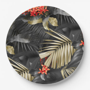 Tropical Black & Gold Leave and Red Flowers Paper Plates