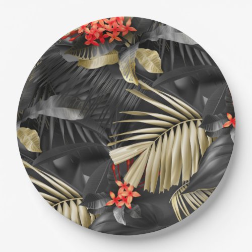 Tropical Black  Gold Leave and Red Flowers Paper Plates