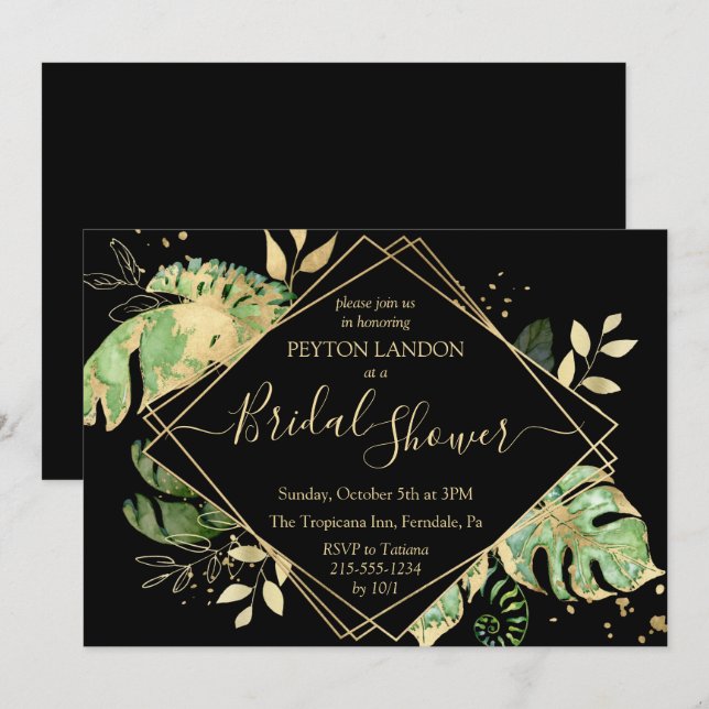 Tropical Black & Gold Leaves Elegant Bridal Shower Invitation (Front/Back)