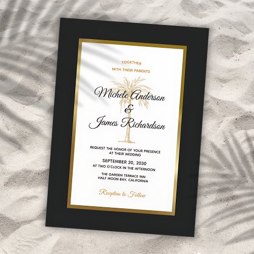 Tropical Black Gold Palm Tree Modern Wedding Invitation