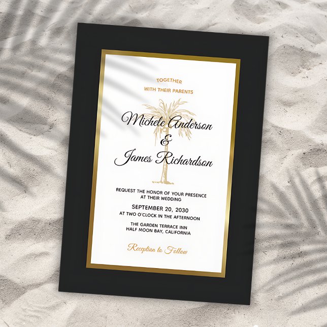 Tropical Black Gold Palm Tree Modern Wedding Invitation (Tropical Black Gold Palm Tree Modern Wedding Invitation)