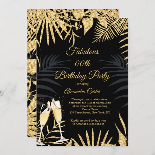 Tropical Black Gold Palms Champagne Birthday Party Invitation