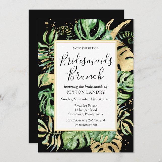 Tropical Black & Green Bridesmaids Brunch Invitation (Front/Back)