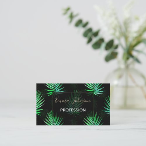 Tropical Black Green Palm Leaves Greenery Business Card