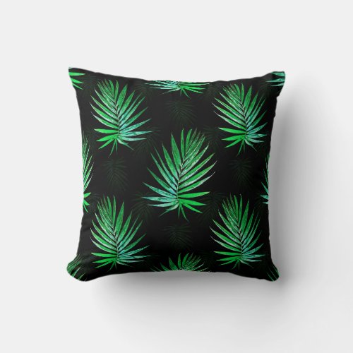 Tropical Black Green Palm Leaves Greenery Throw Pillow