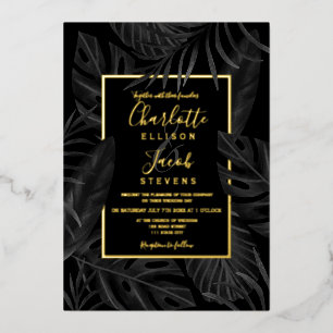 Tropical black leaf watercolor gold script wedding foil invitation