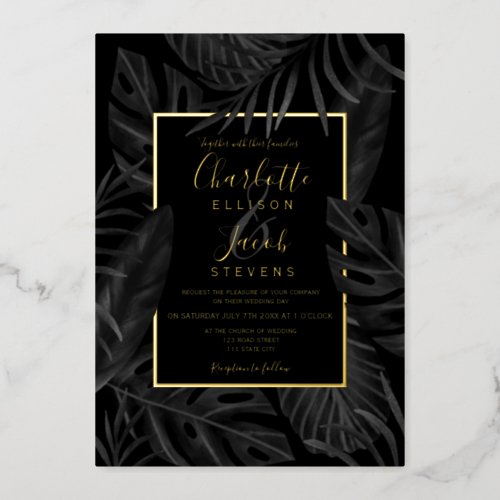 Tropical black leaf watercolor gold script wedding foil invitation