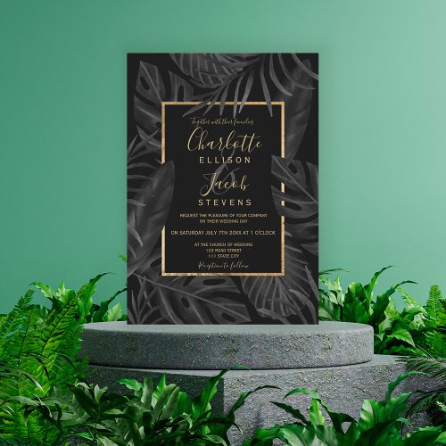 Tropical black leaf watercolor gold script wedding invitation