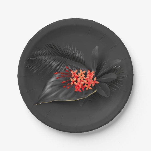 Tropical Black Leaves & Red Flowers Paper Plates (Front)