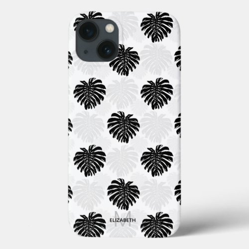 Tropical Black Monstera Leaf White Pattern iPhone 13 Case