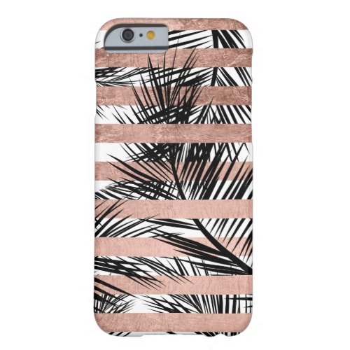 Tropical black palm trees chic rose gold stripes barely there iPhone 6 case