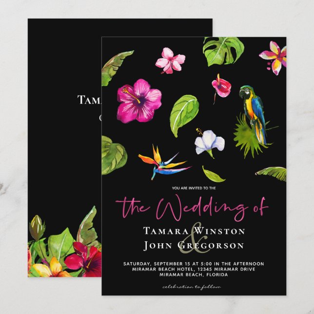 Tropical Black Pink Floral Greenery Beach Wedding Invitation (Front/Back)