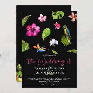 Tropical Black Pink Floral Greenery Beach Wedding Invitation
