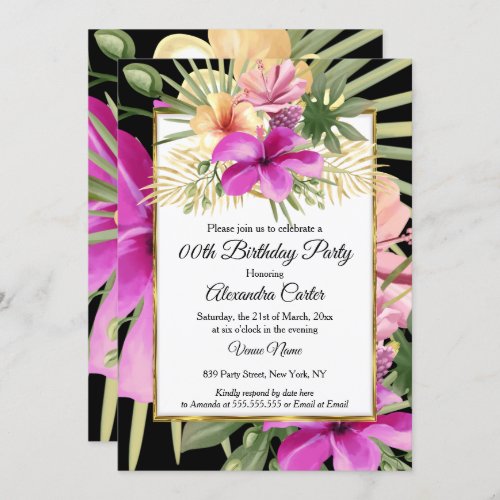 Tropical Black Purple Pink Hibiscus Floral Party Invitation