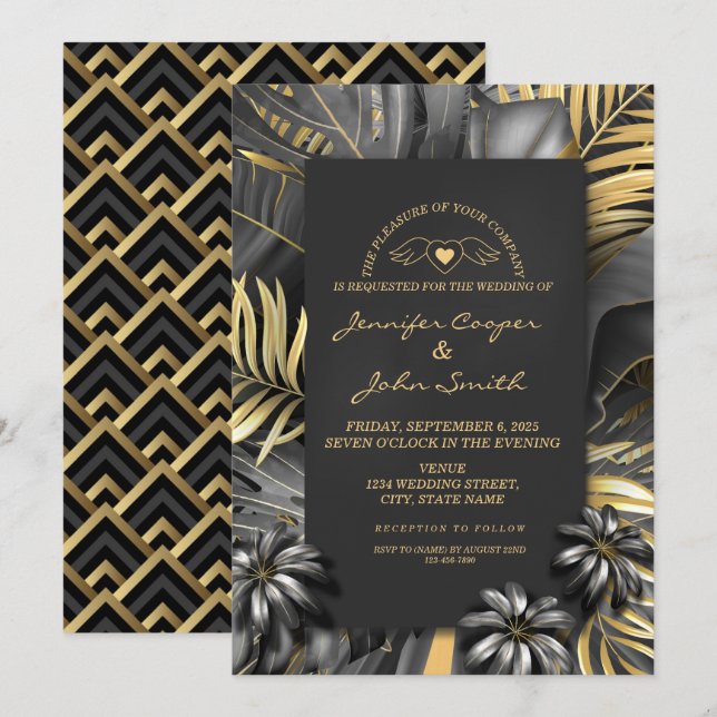Tropical Black Silver and Gold Palm Leaves Wedding Invitation (Front/Back)