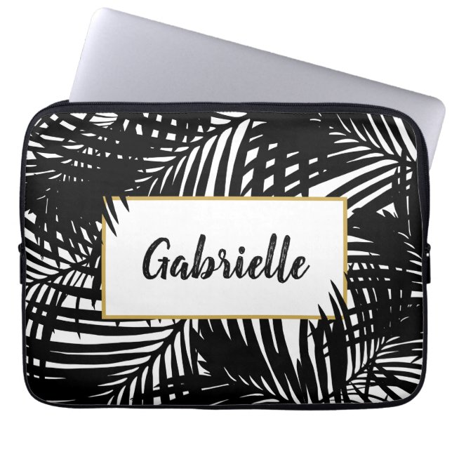 Tropical Black White Modern Palm Pattern Laptop Sleeve (Front)