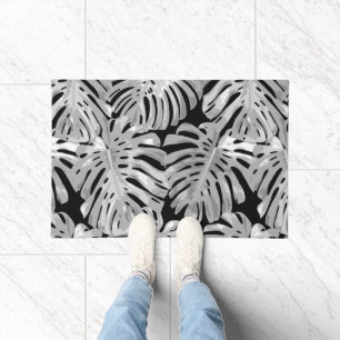 Tropical Black White Palm Leaves Pattern Doormat