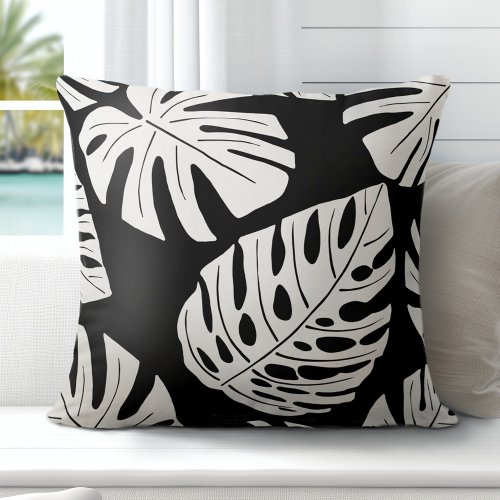 Tropical Black White Palm Monstera Leaves Throw Pillow