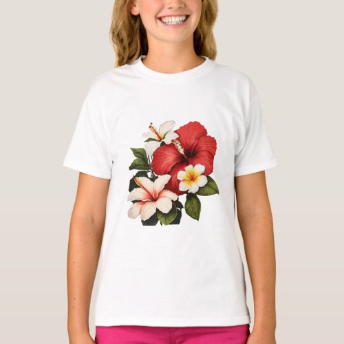 Tropical Bliss _ Red Hibiscus  White Frangipani T T_Shirt