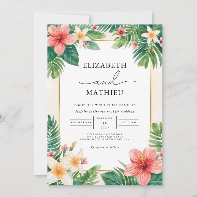Tropical Bloom Frond Accent Wedding Invitation (Front)
