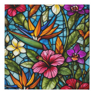 Tropical Bloom in Stained Glass Vibrant Floral Faux Canvas Print