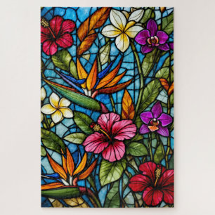Tropical Bloom in Stained Glass Vibrant Floral Jigsaw Puzzle