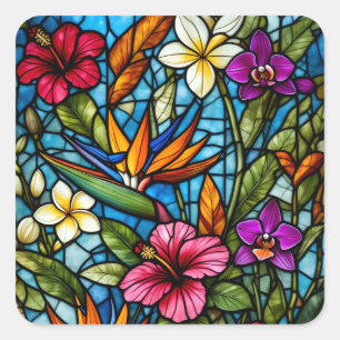 Tropical Bloom in Stained Glass Vibrant Floral  Square Sticker