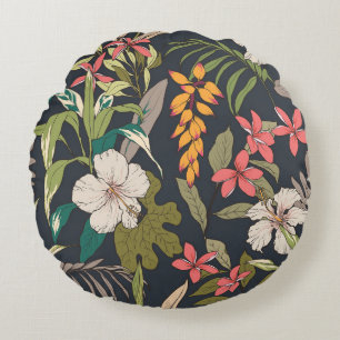 Tropical Bloom: Seamless Flower Pattern Round Pillow