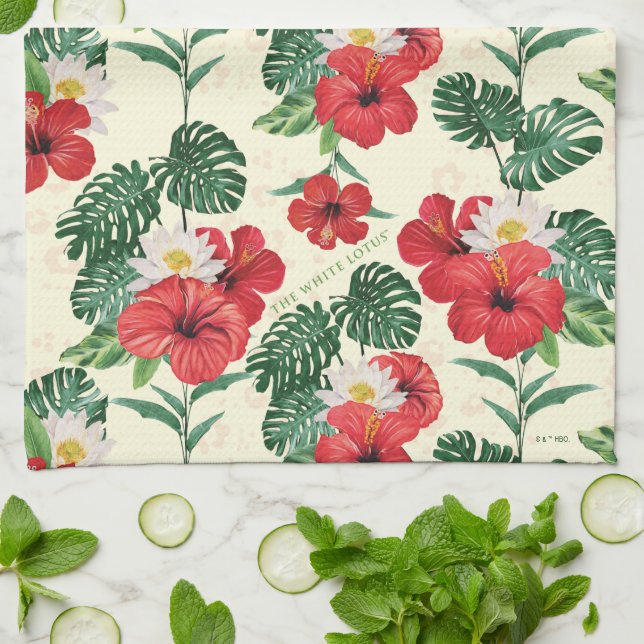 Tropical Blooms of The White Lotus Kitchen Towel (Folded)