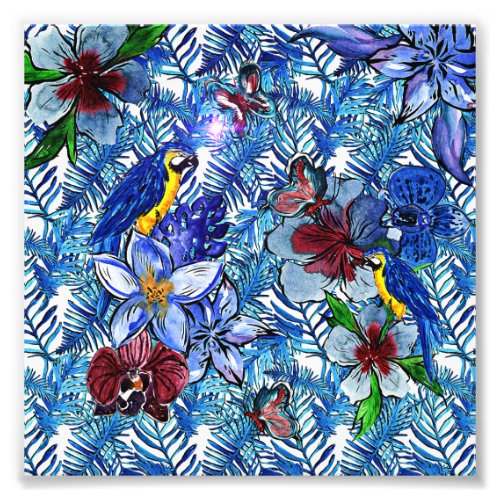 Tropical Blue Aloha Exotic Jungle  Parot Flowers Photo Print