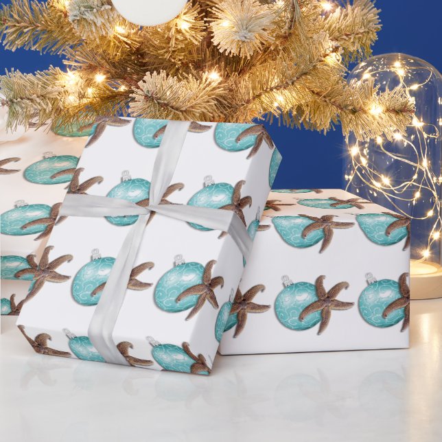 Tropical Blue and Brown Christmas Starfish Wrapping Paper (Holidays)