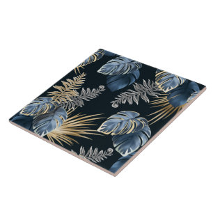 Tropical Blue and Gold Leaves Design Ceramic Tile