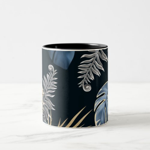 Tropical Blue and Gold Leaves Design Two_Tone Coffee Mug