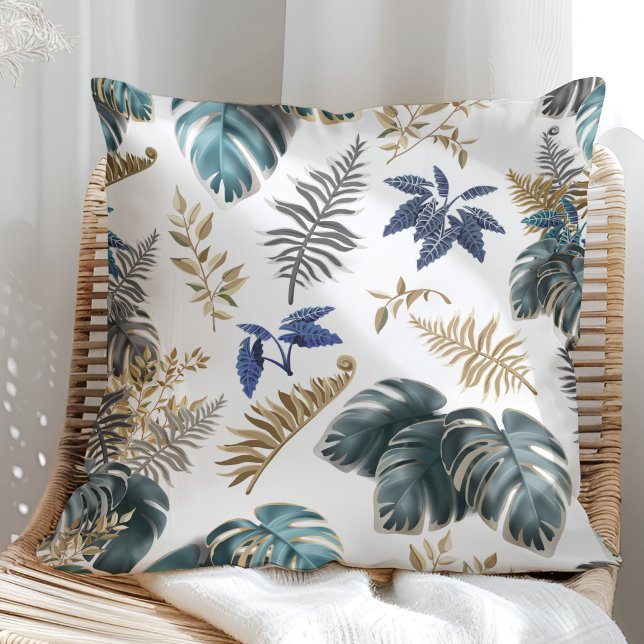 Tropical Blue and Golden leaves Pattern Pillow (Tropical Blue and Golden leaves Pattern Pillow in a sunny rattan armchair.)
