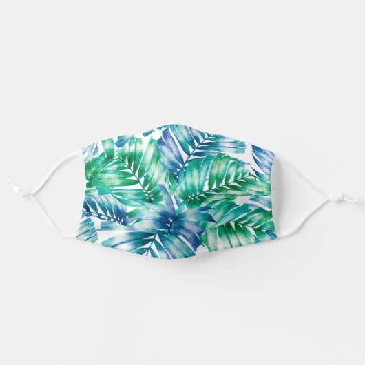 Tropical Blue and Green Palm Fronds on White Adult Cloth Face Mask (Front, Unfolded)