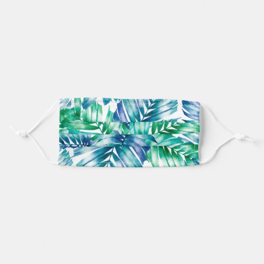 Tropical Blue and Green Palm Fronds on White Adult Cloth Face Mask (Front, Folded)