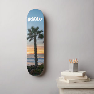 Tropical Blue and Orange Ocean Palm Tree Sunset Skateboard