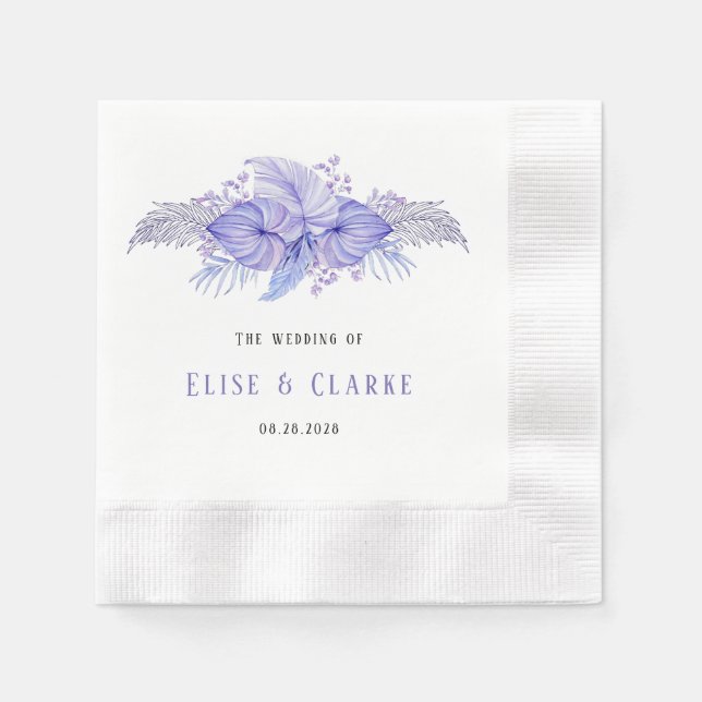 Tropical Blue and Purple Palm Leaves Wedding Napkins (Front)
