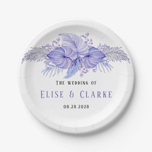 Tropical Blue and Purple Palm Leaves Wedding Paper Plates