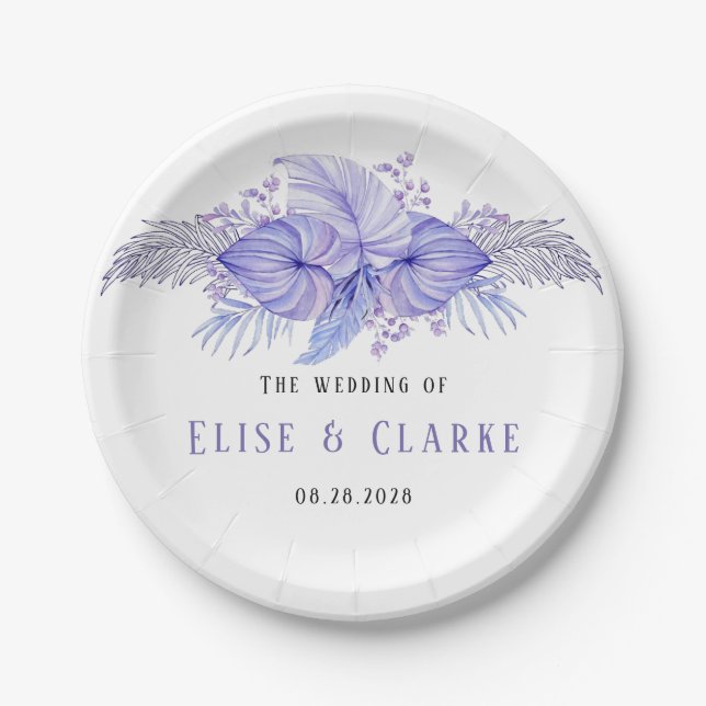 Tropical Blue and Purple Palm Leaves Wedding Paper Plates (Front)