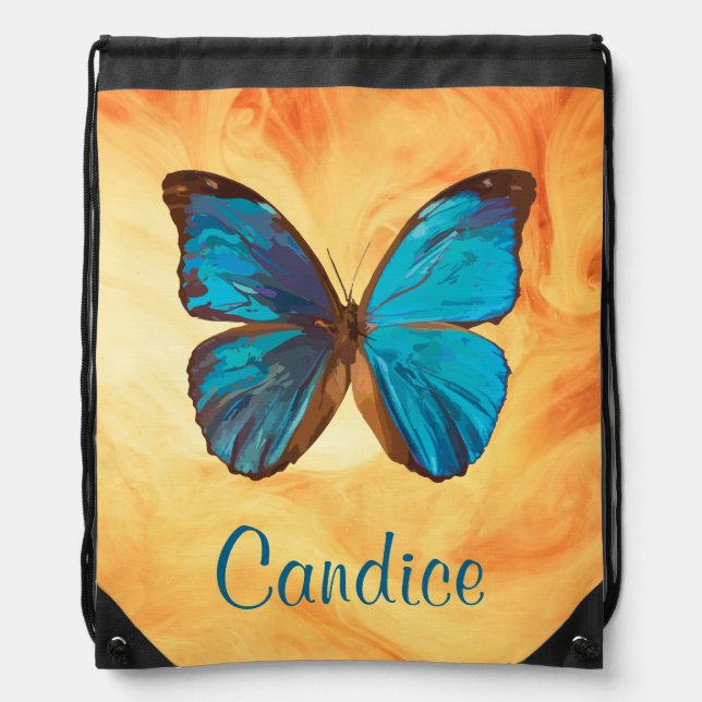 Tropical Blue and Turquoise Gem Colored Butterfly Drawstring Bag (Front)