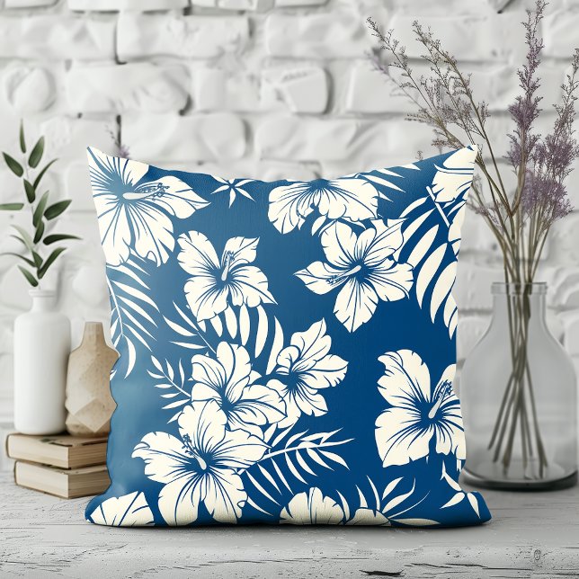 Tropical Blue and White Floral  Throw Pillow (Creator Uploaded)